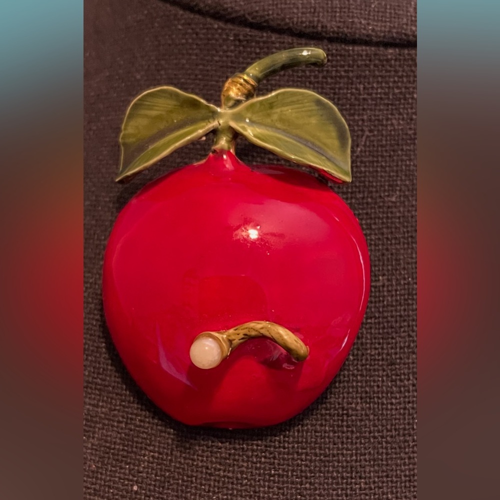Original By Robert brooch red apple worm 2” vintage enamel metal